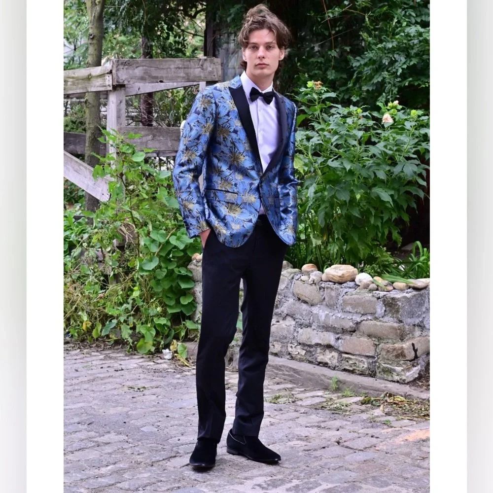 Paisley & Gray Grosvenor Peak Tux Jacket Slim Fit Silver Flower Size Various